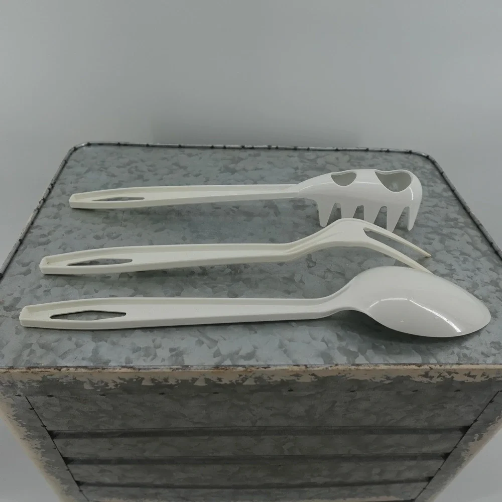 VTG White Melamine Kitchen Utensil Set Pasta Server Fork Spoon 3 Piece 11 Inch